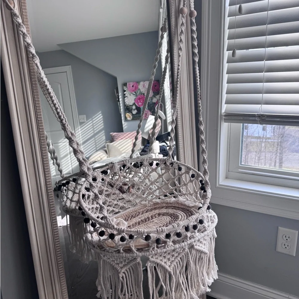 Boho Macramé Hanging Basket with Black Pom-Pom Trim - Picture 2 of 4